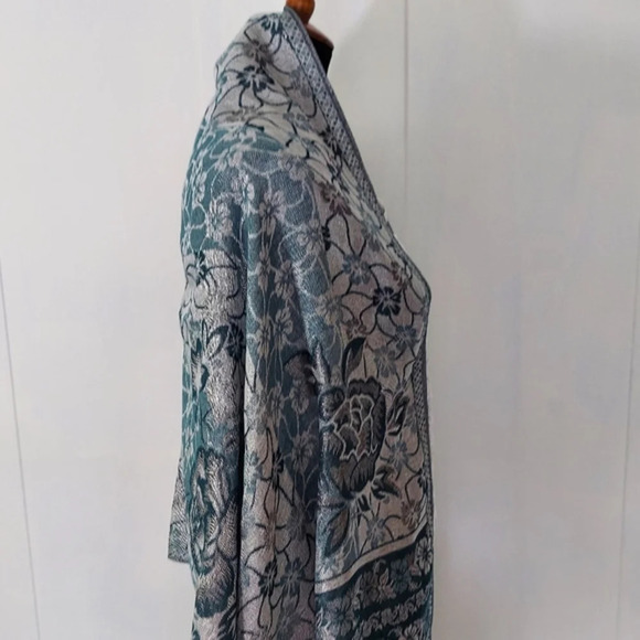 Gorgeous Shades of Blue Scarf Wrap Floral Design with Metallic Silver Accents - Picture 2 of 13